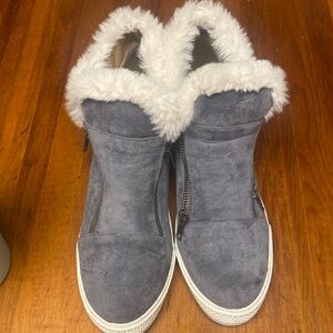 Jolimall Grey Suede Wedge zip up sneakers.